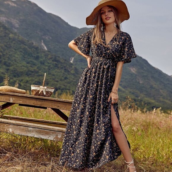 . Dresses & Skirts - Black Boho Womens Allover Floral Print Split Thigh Belted Dress